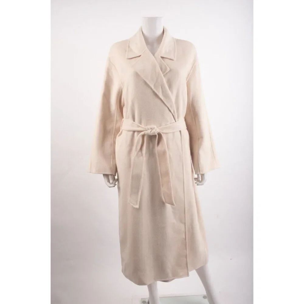 Massimo Dutti Womans Long Coat Wool Size XS Ivory Cream Tie Belt 6412/513 NWT